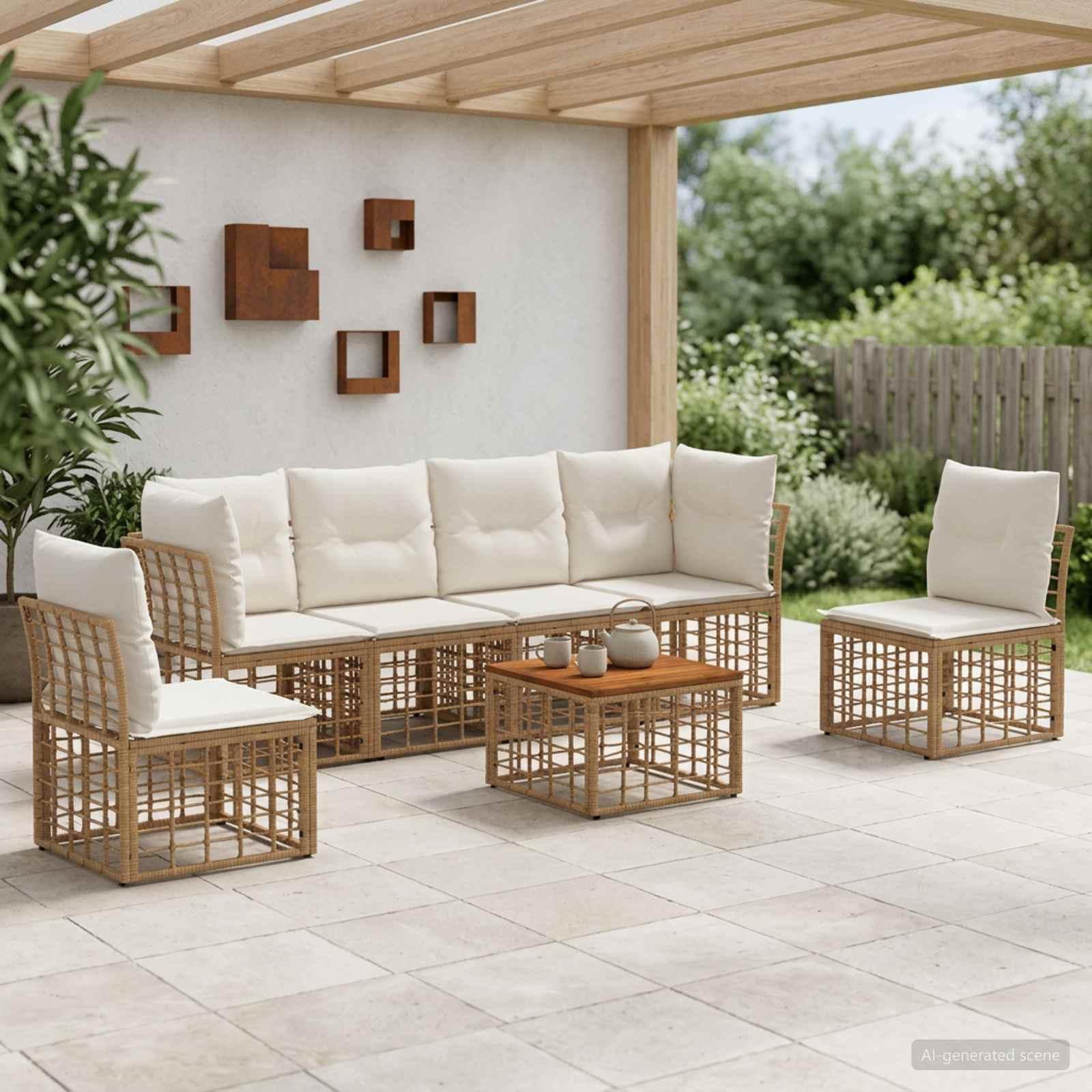 Udendørs sofagruppe 7 stk. i polyrattan - naturlig og cremehvid