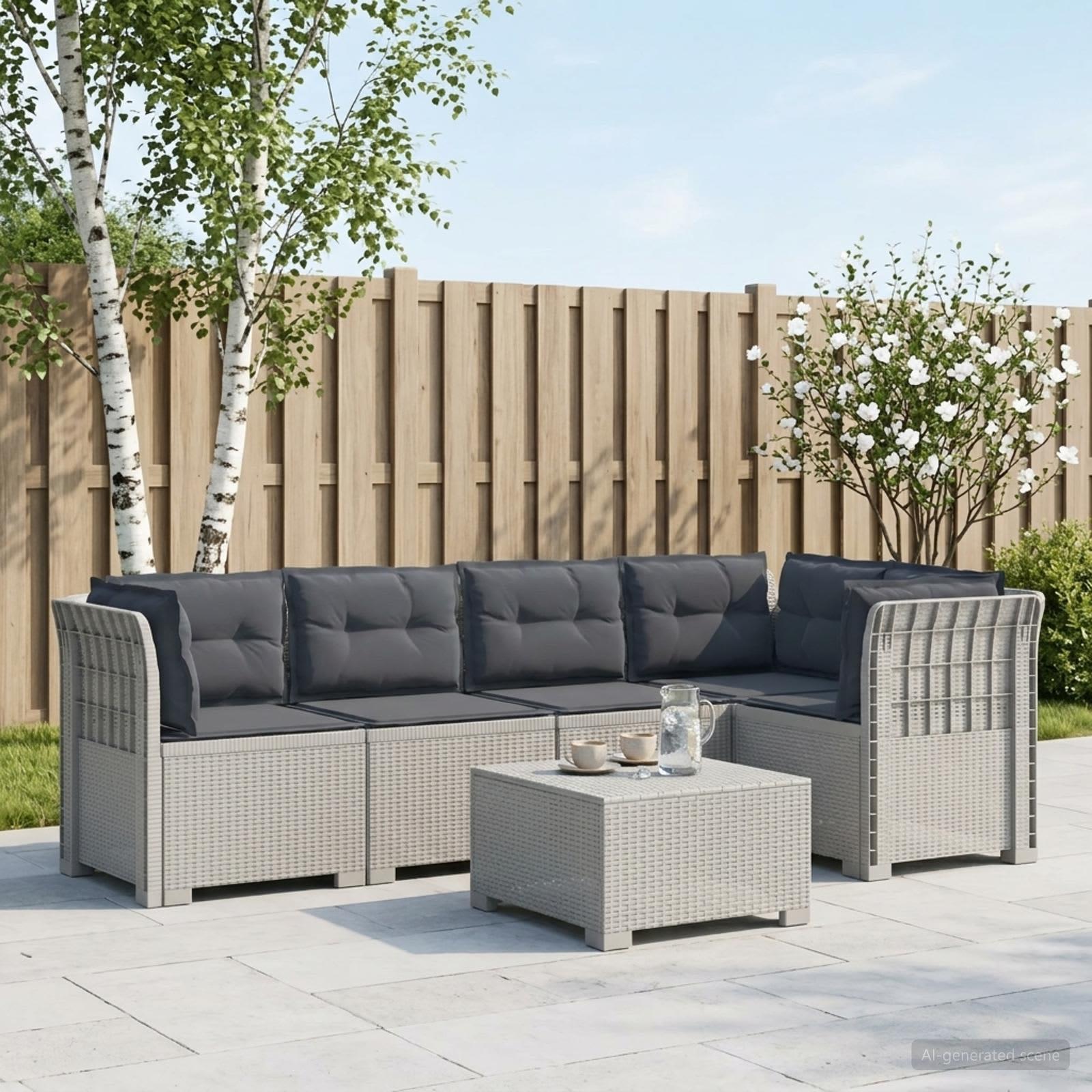 5-personers havemøbel sofa med hynder i rattan-look PP hvid