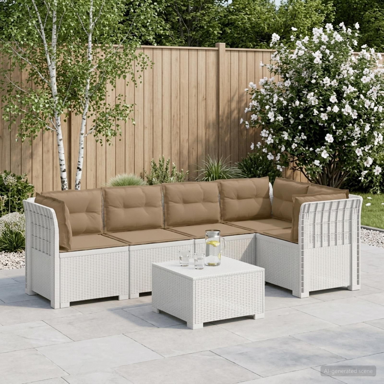 5-personers havemøbel sofa med hynder i rattan-look PP hvid