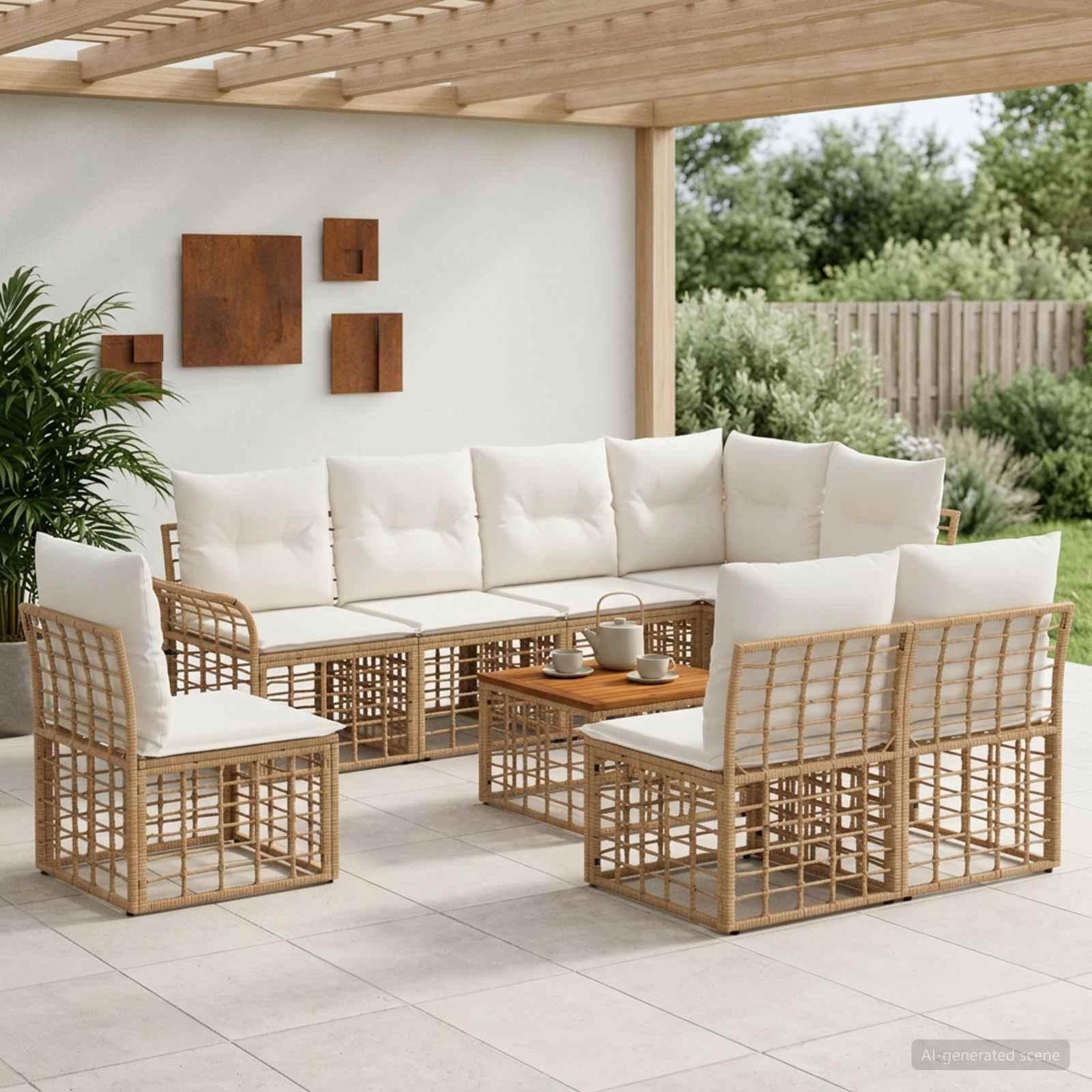 Udendørs sofagruppe 9 stk. i polyrattan - naturlig og cremehvid