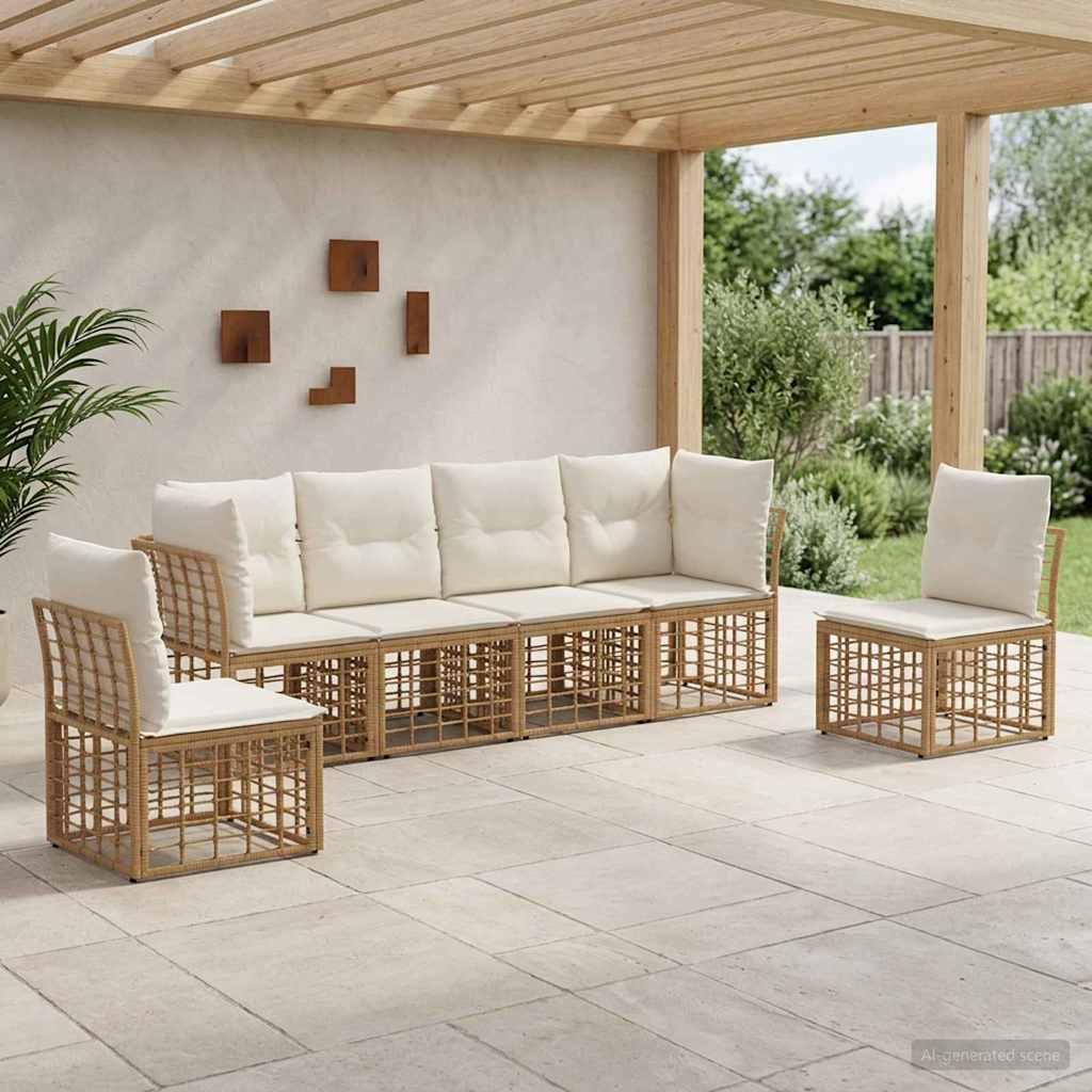 Udendørs sofagruppe i naturfarvet polyrattan og polyester til 6 personer