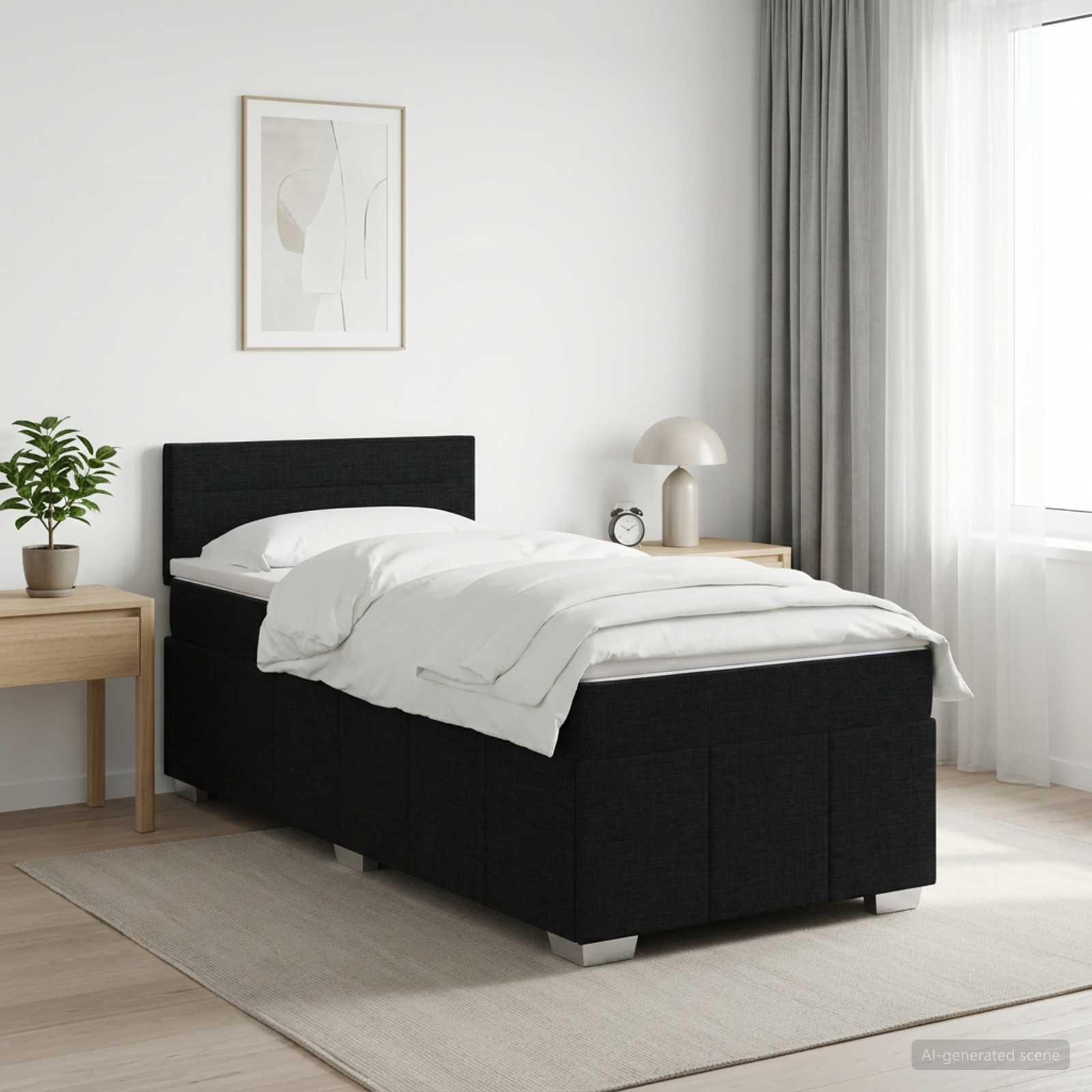 Boxmadras med topmadras og hovedgærde 80 x 200 cm - sort stof