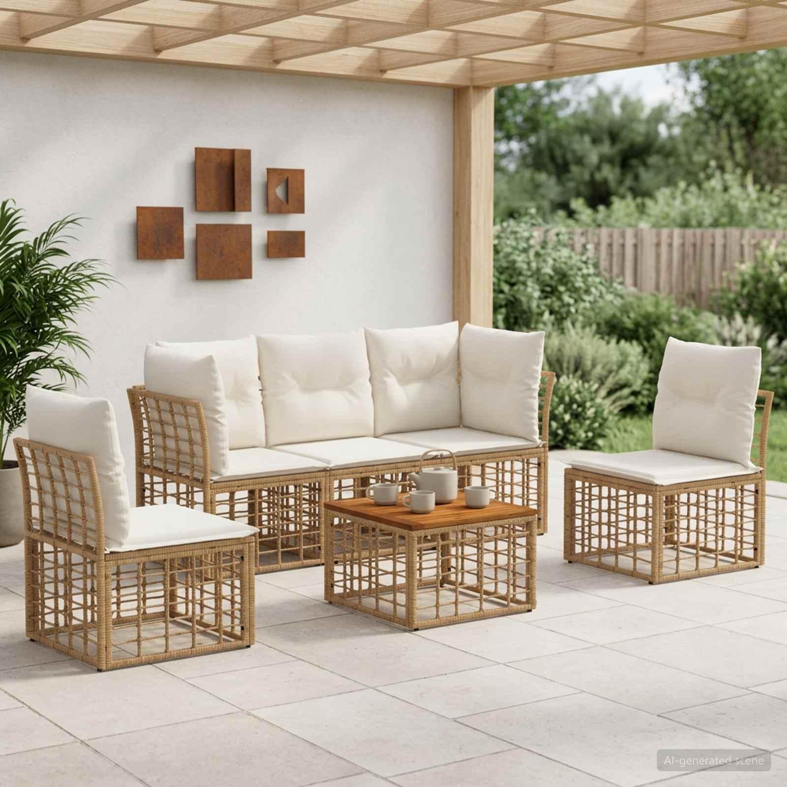 Udendørs sofagruppe 6 stk. i polyrattan med bord - naturlig og cremehvid