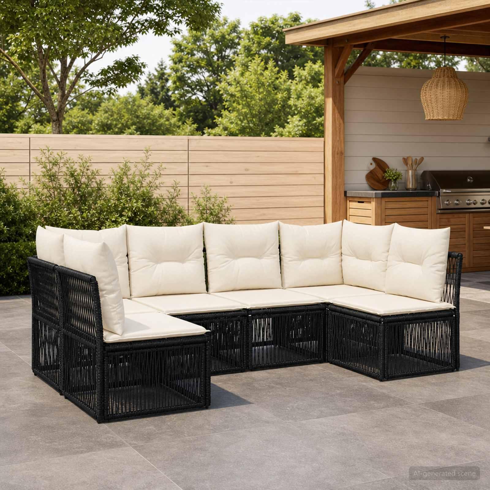 Havesofa sæt 6 stk. i sort polyrattan med modulopbygning