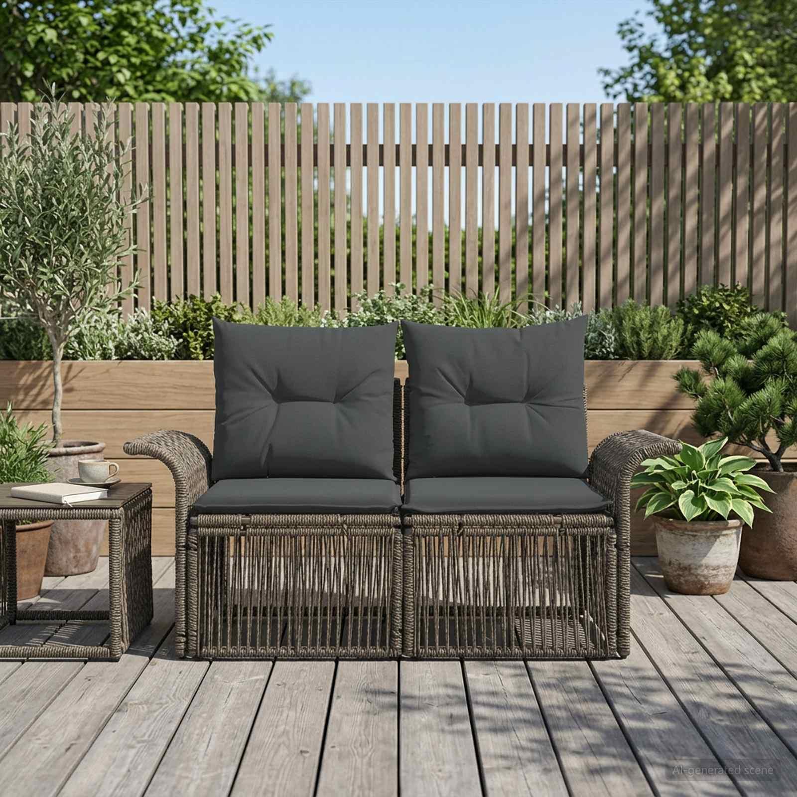 2-personers havesofa i grå polyrattan med puder