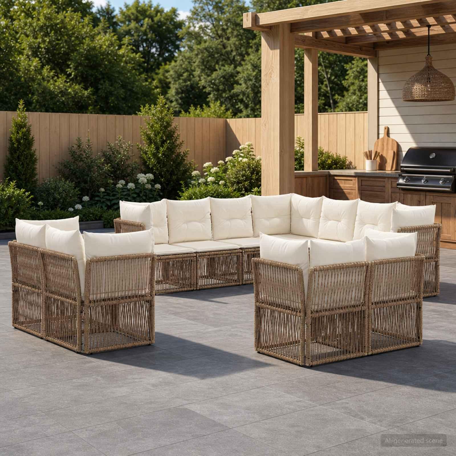 Havesofa sæt 11 stk. i beige polyrattan modulsofa til have og terrasse