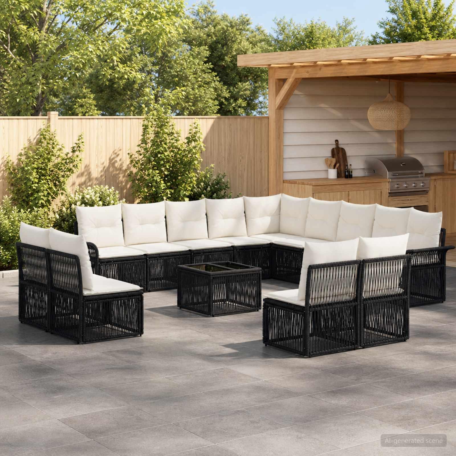 Havesofa sæt 14 stk. i sort polyrattan modulært loungesæt