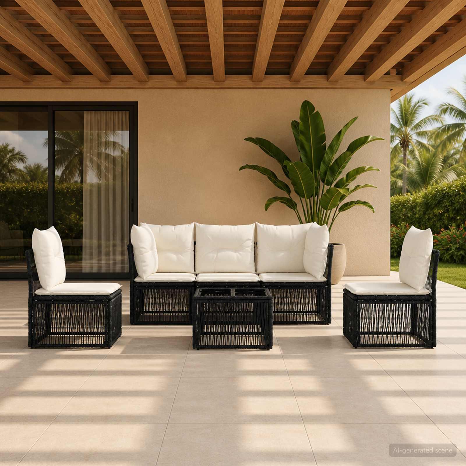 Havesofa sæt 6 stk. i sort polyrattan til terrasse og have