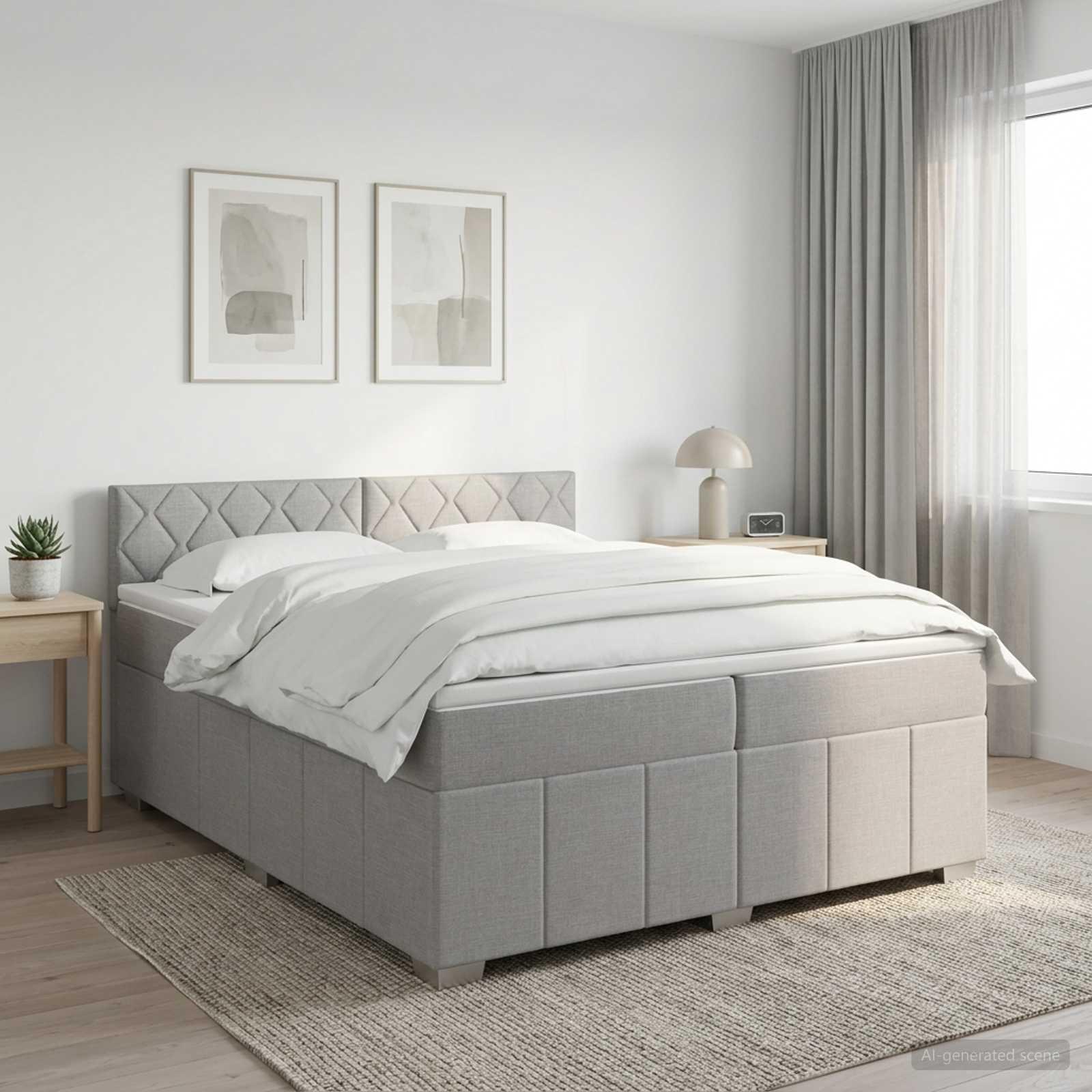Boxmadras seng med topmadras og LED lysegrå 200 x 200 cm