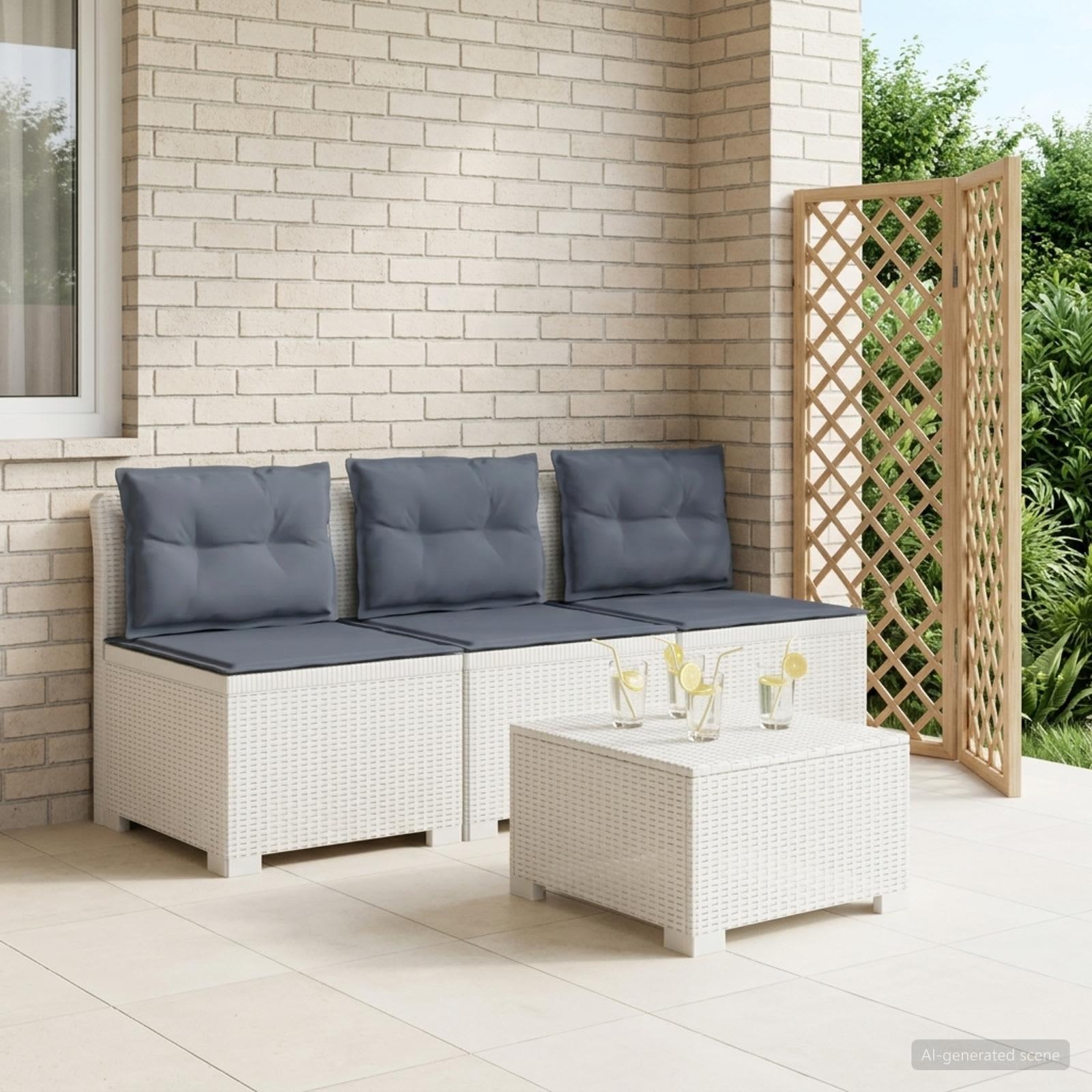 vidaXL 3-personers havensofa med puder i rattanlook PP Hvid
