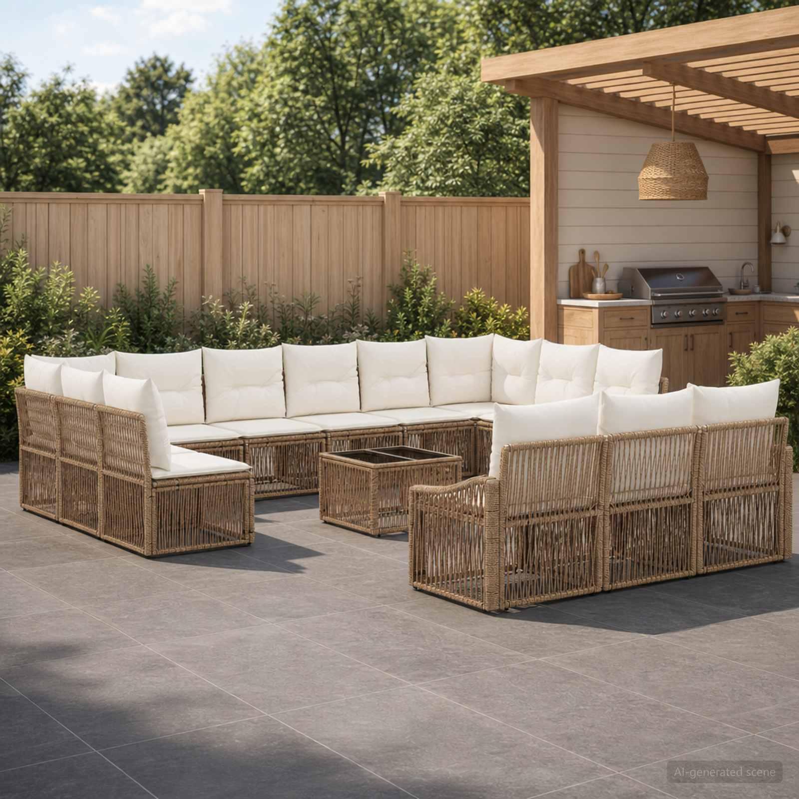 Havesofa sæt 14 dele i beige polyrattan - modulært loungesæt
