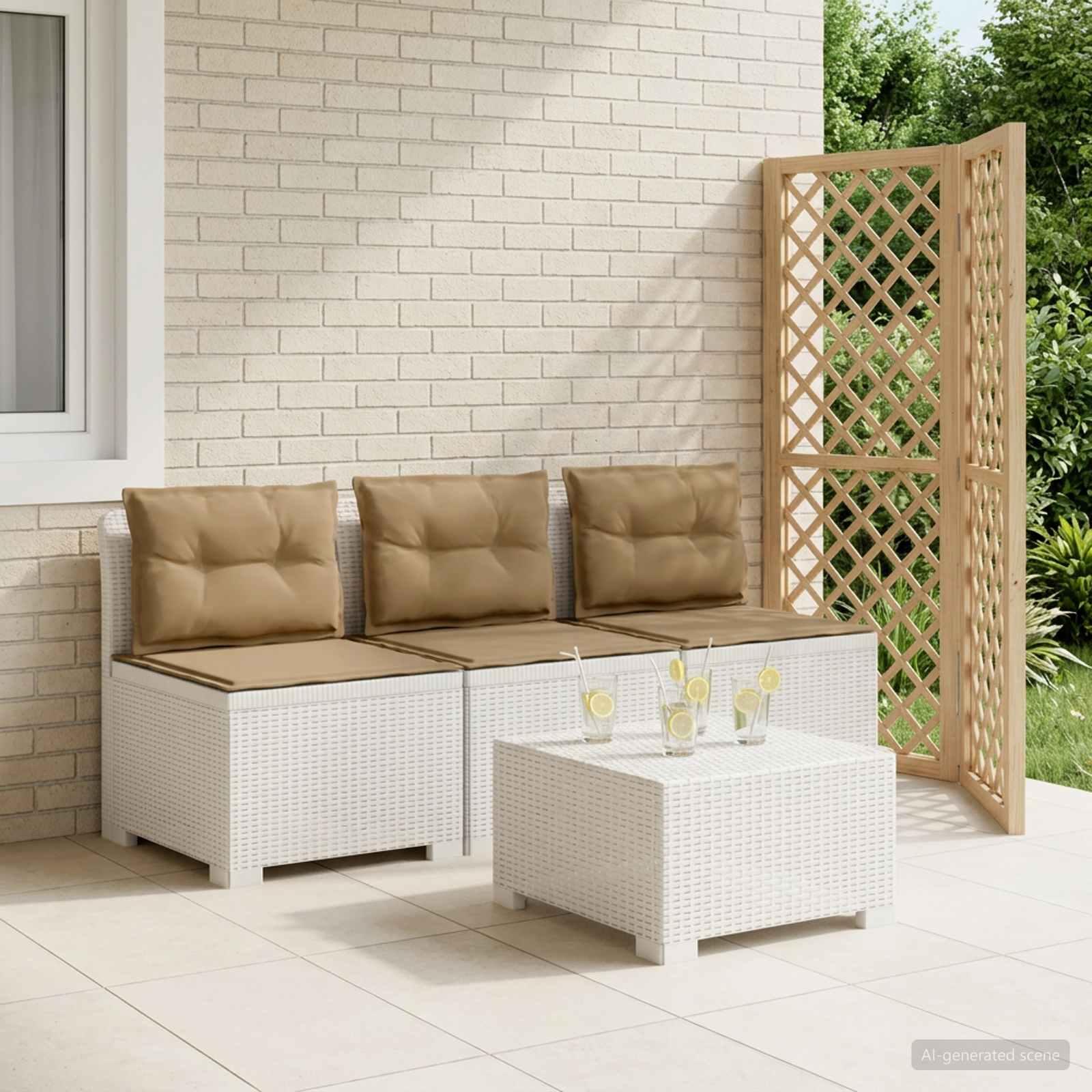 vidaXL 3-personers havensofa med puder i rattanlook PP Hvid