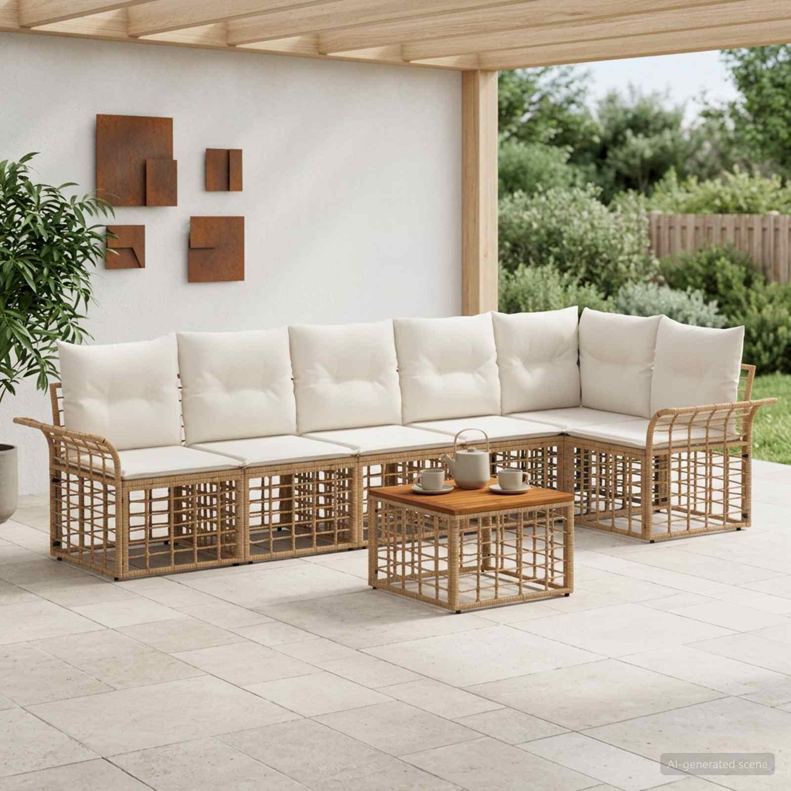 Udendørs sofagruppe 7 stk. i polyrattan - naturlig og creme hvid