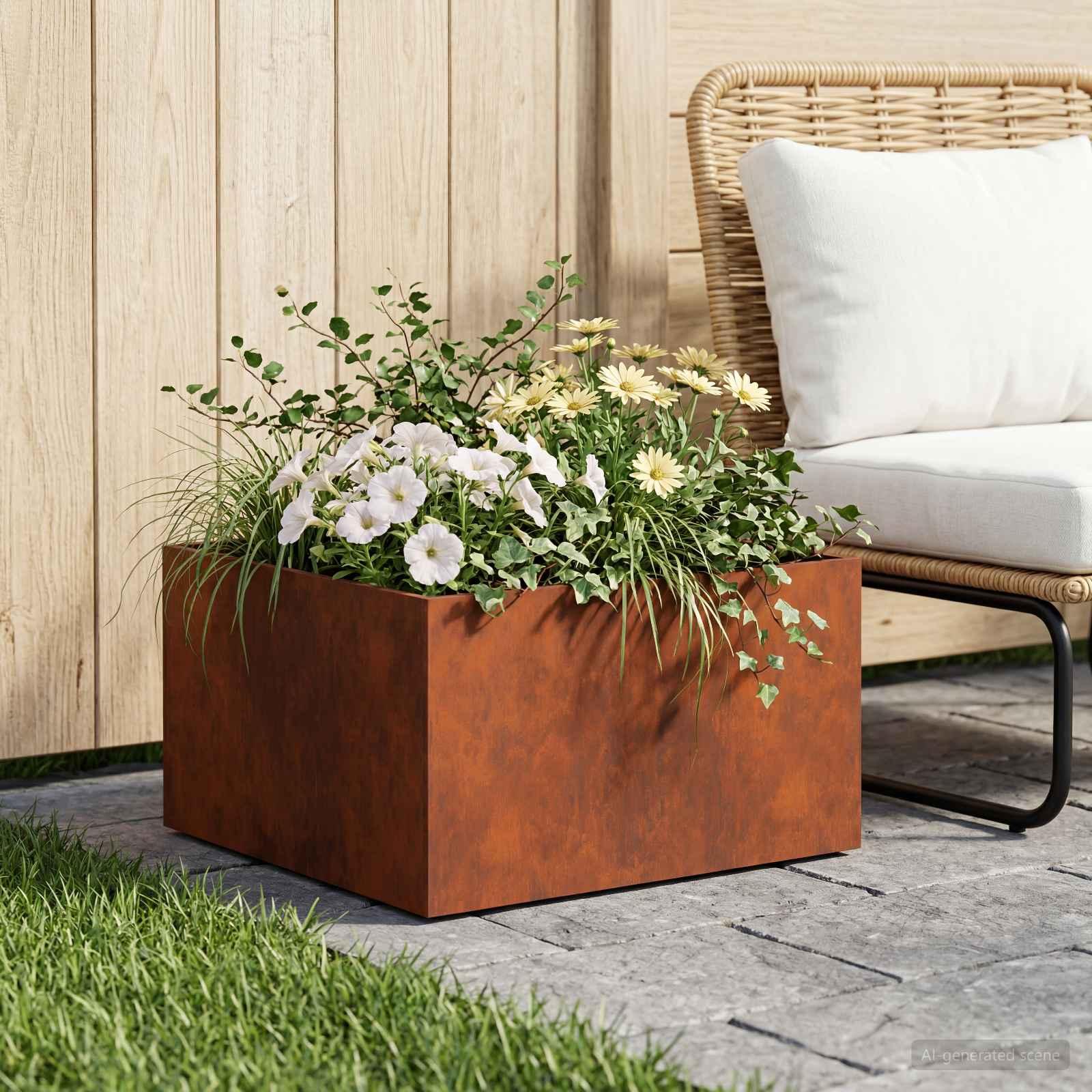 Blomsterkrukke i cortenstål 40 x 40 x 30 cm - rusten plantekasse til have