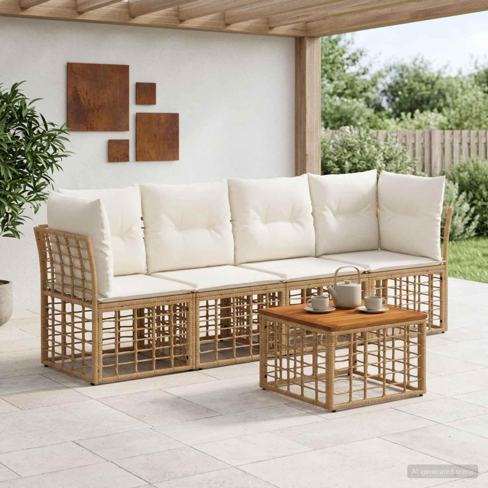 Udendørs sofagruppe 5 stk. i polyrattan med bord - naturlig og cremehvid