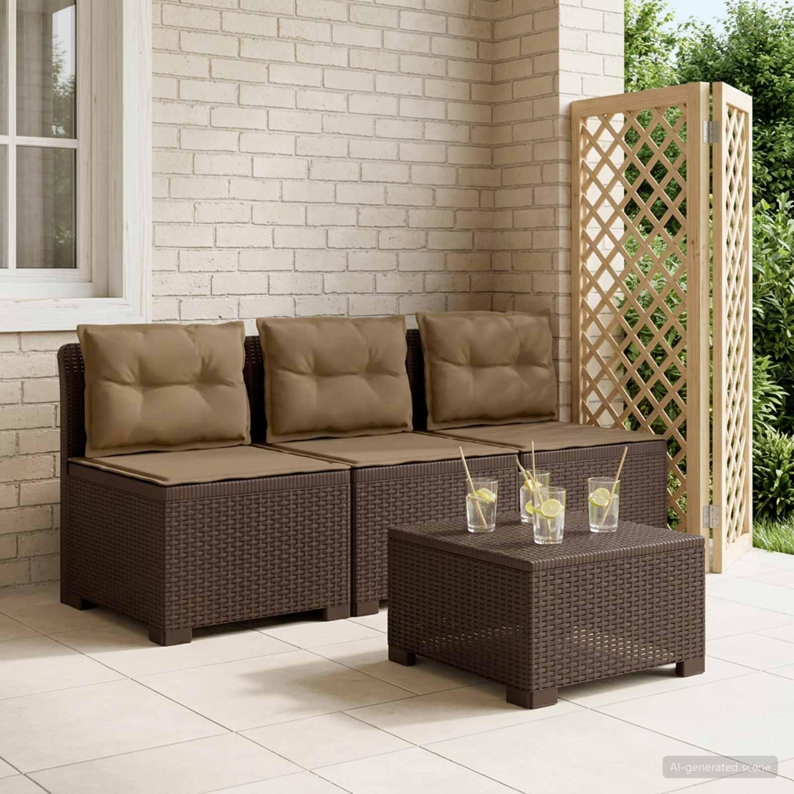 vidaXL 3-personers havensofa med puder i rattanlook PP Brun