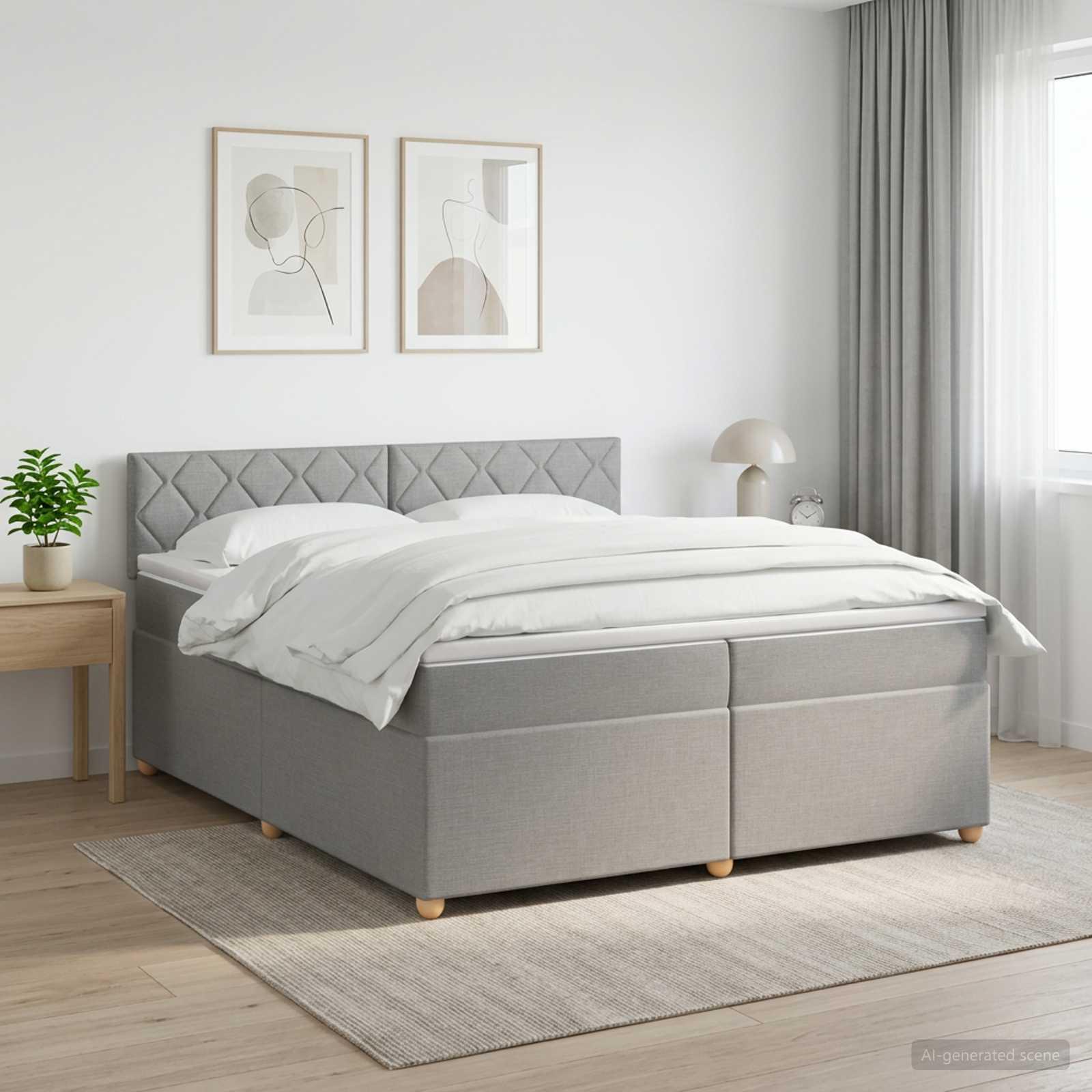 Seng med madras og topmadras 200 x 200 cm lysegrå stof