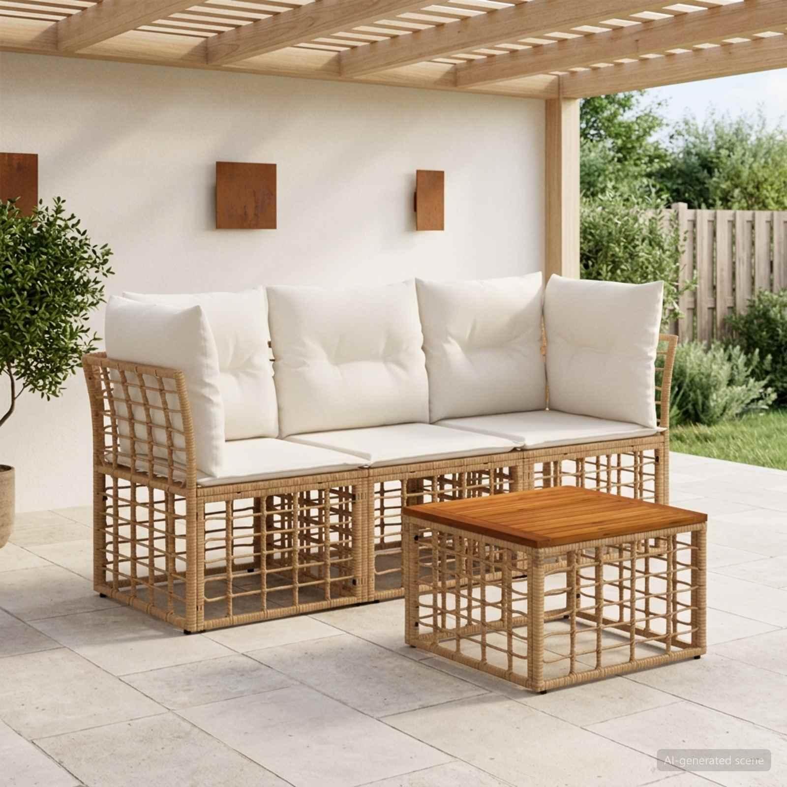 Udendørs sofagruppe 4 stk. i polyrattan med bord - naturlig og cremehvid