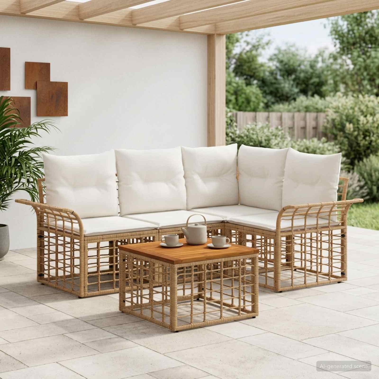 Udendørs sofagruppe 5 stk. i polyrattan - naturlig og cremehvid