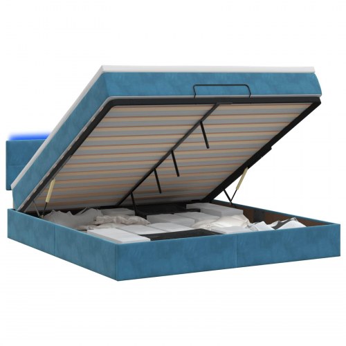 Ottoman seng med madras og LED 140 x 200 cm - mørkeblå velour