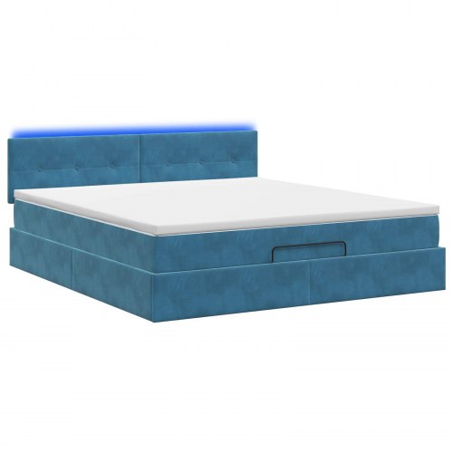 Ottoman seng med madras og LED 140 x 200 cm - mørkeblå velour