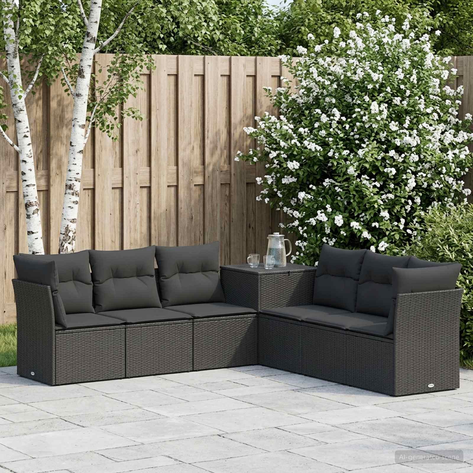 Sofa sæt 7 stk. i sort poly rattan og stål til have og terrasse