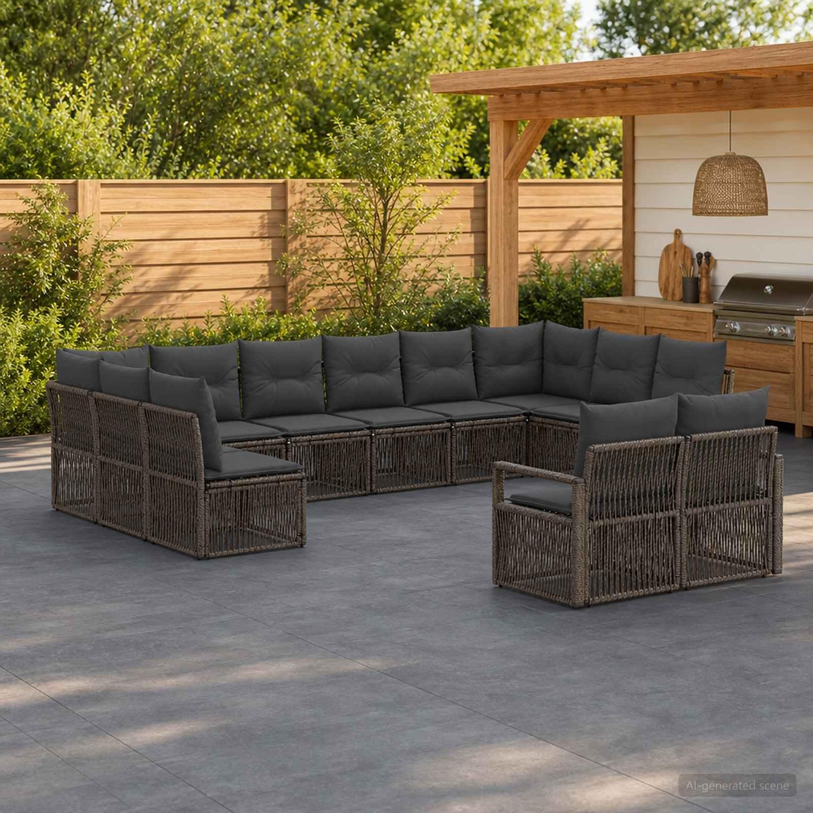 Havesofa sæt 12 stk. i grå polyrattan - modulært lounge sæt til have og terrasse
