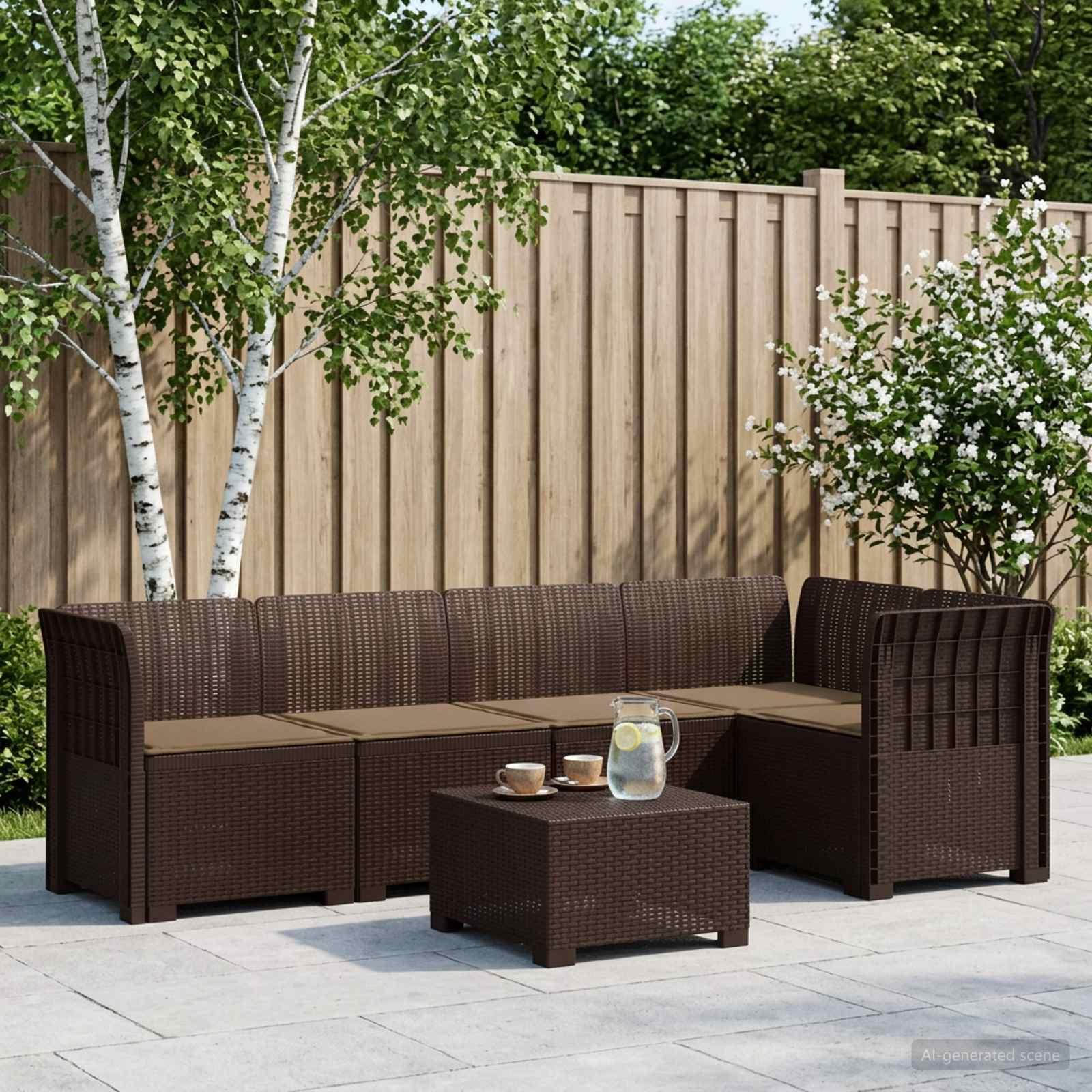 5-personers havemøbelsofa med hynder i rattan-look PP brun