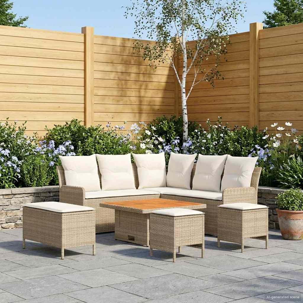 Møbelsæt 7 stk. i beige og creme PE-rattan til inde og ude