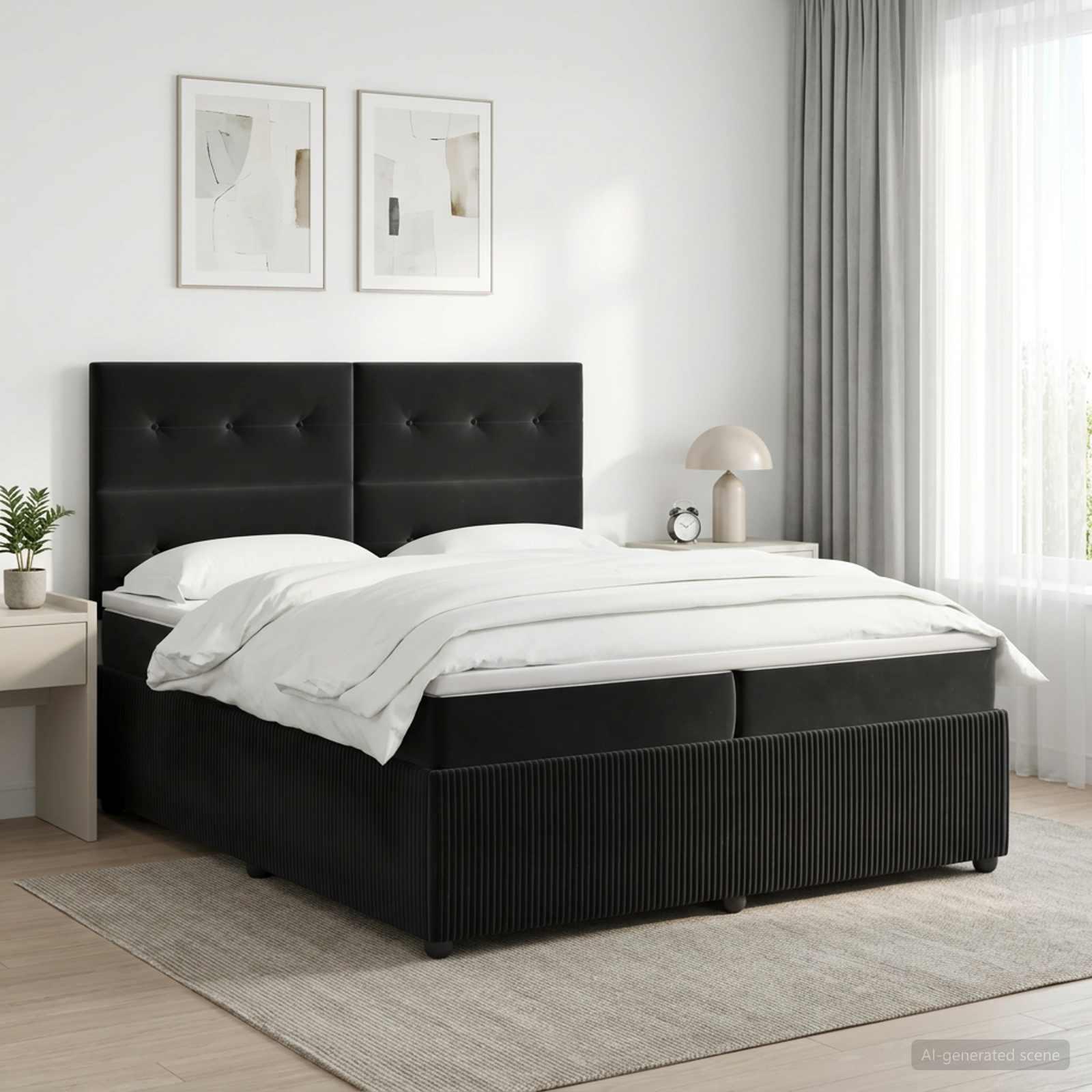 Kontinentalseng med madras, topmadras og hovedgærde 200 x 200 cm - sort fløjl
