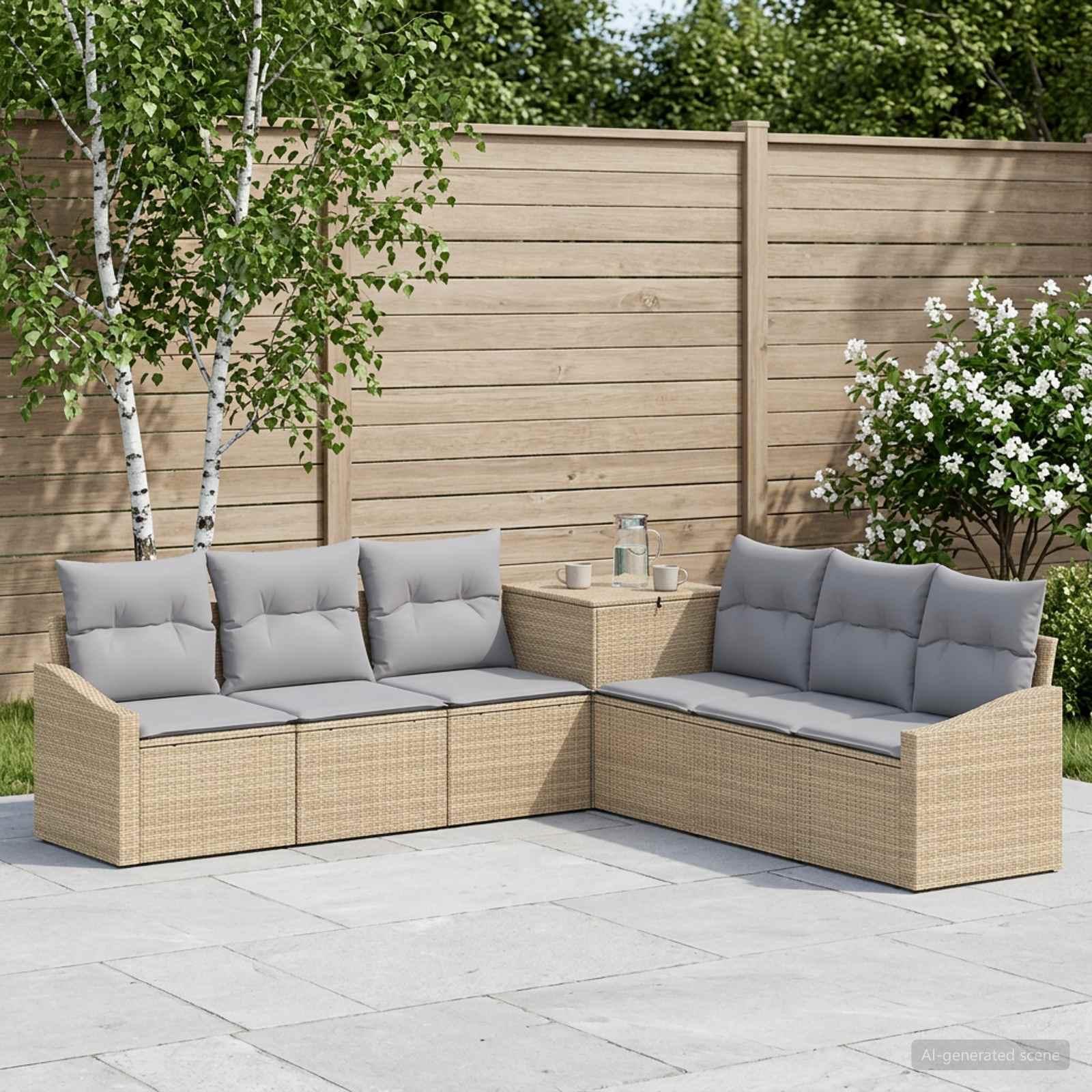 Sofa sæt 7 stk. i beige og lys grå poly rattan og stål til have og terrasse