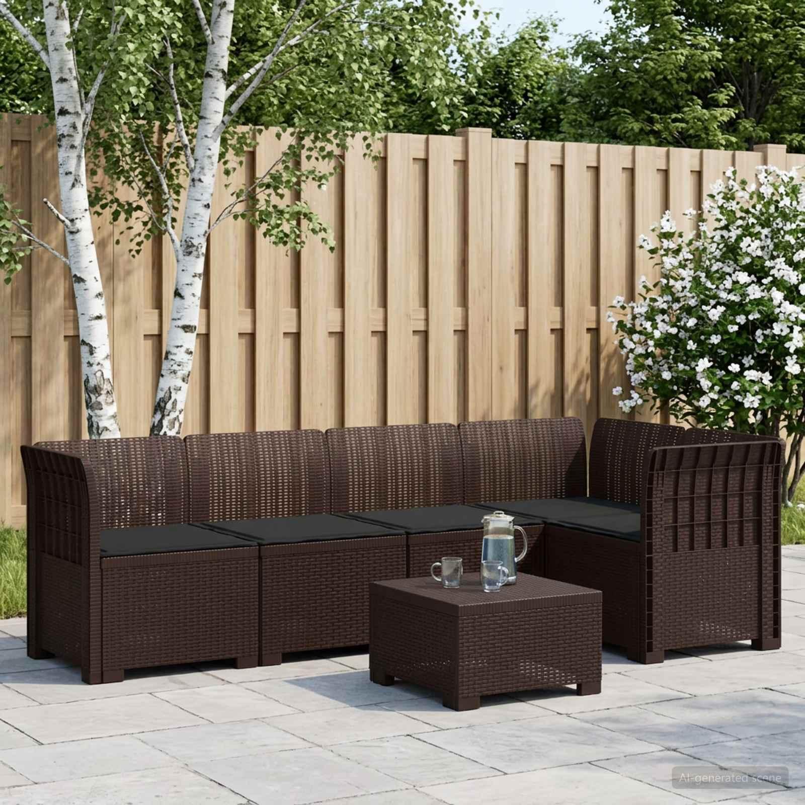 5-personers havemøbelsofa med hynder i rattan-look PP - brun