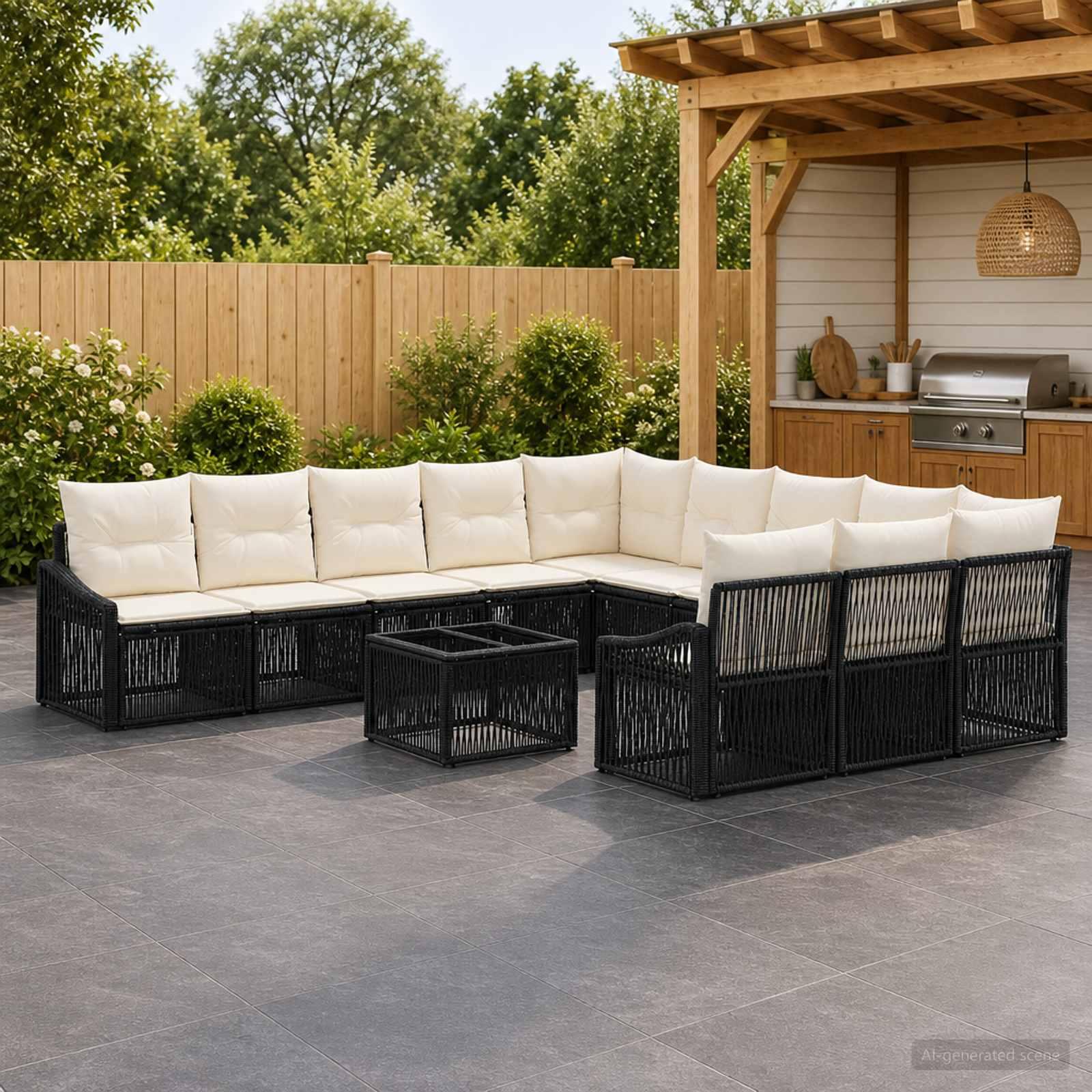 Havesofa sæt 12 stk. i sort polyrattan modulsofa