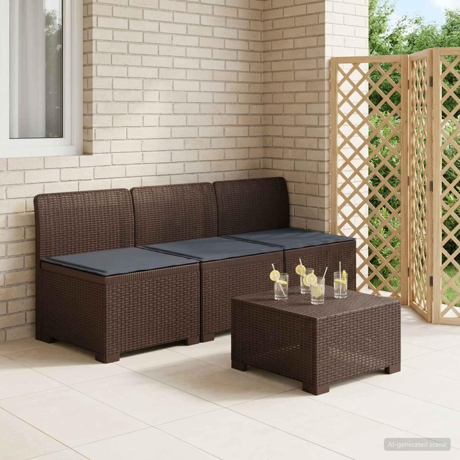 vidaXL 3-personers havensofa med puder i rattanlook PP Brun