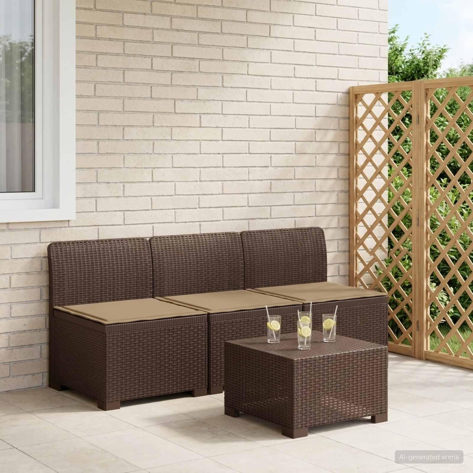 vidaXL 3-personers havensofa med puder i rattanlook PP Brun