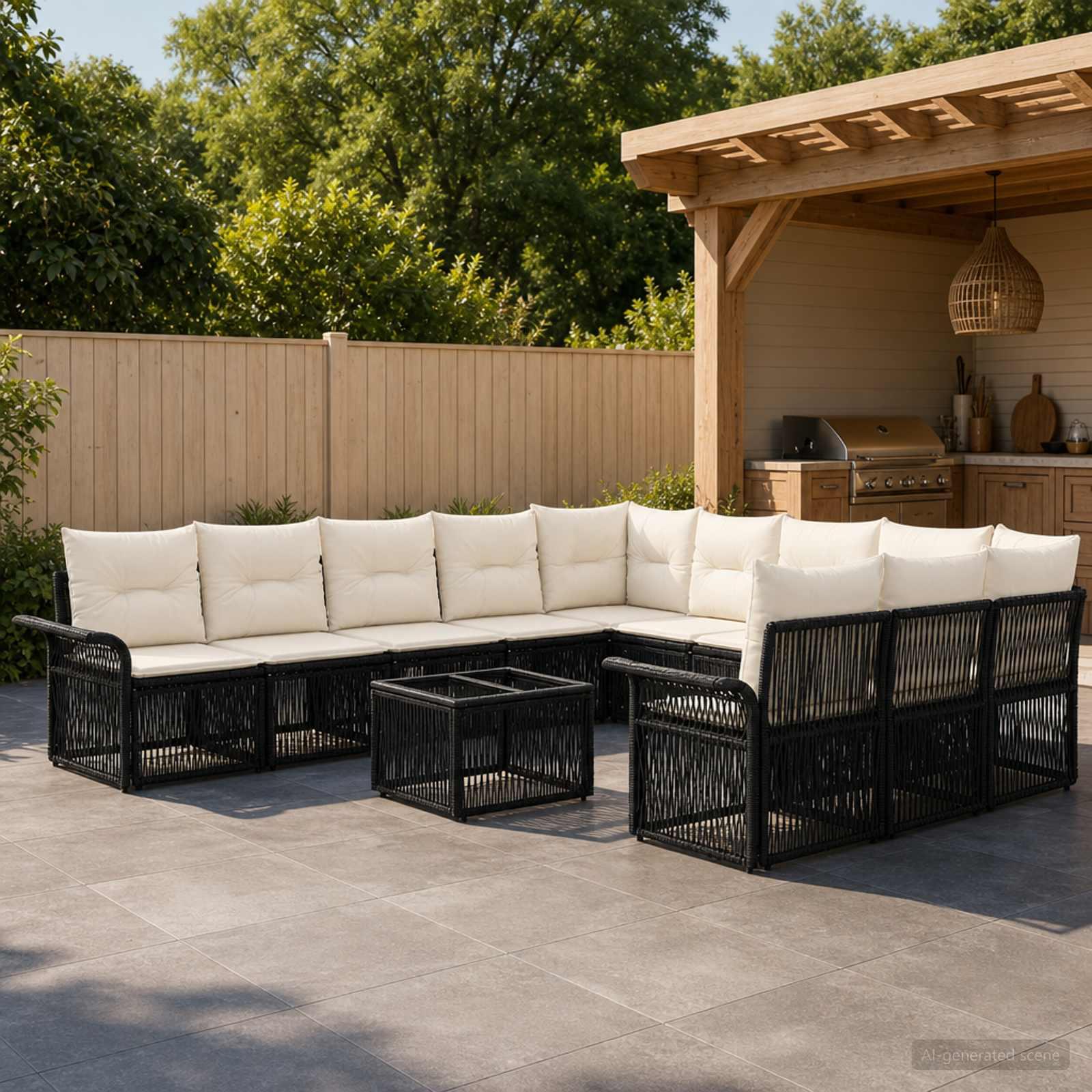 Havesofa sæt 12 stk. i sort polyrattan modulært loungesæt