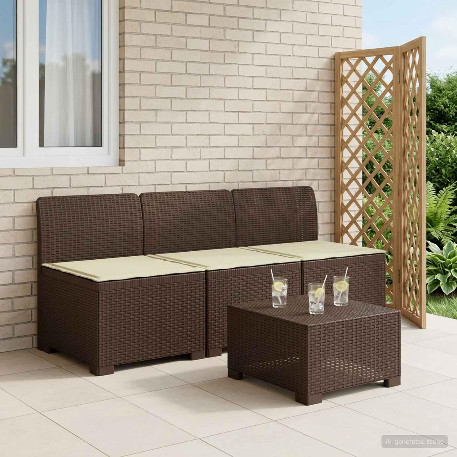vidaXL 3-personers havensofa med puder i rattanlook PP Brun