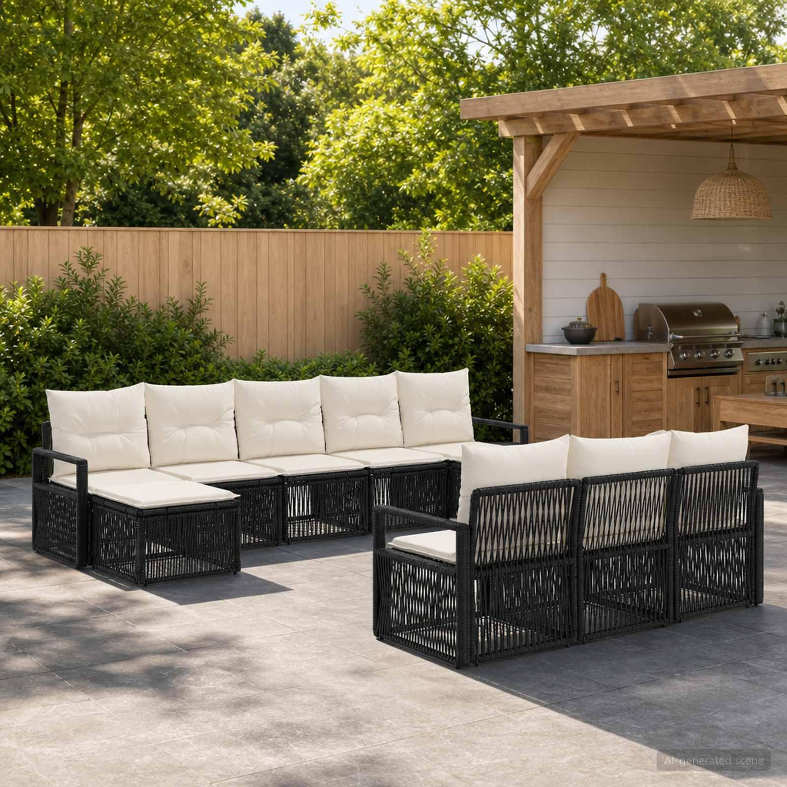 Havesofa sæt 10 stk. i sort polyrattan med modulopbygning