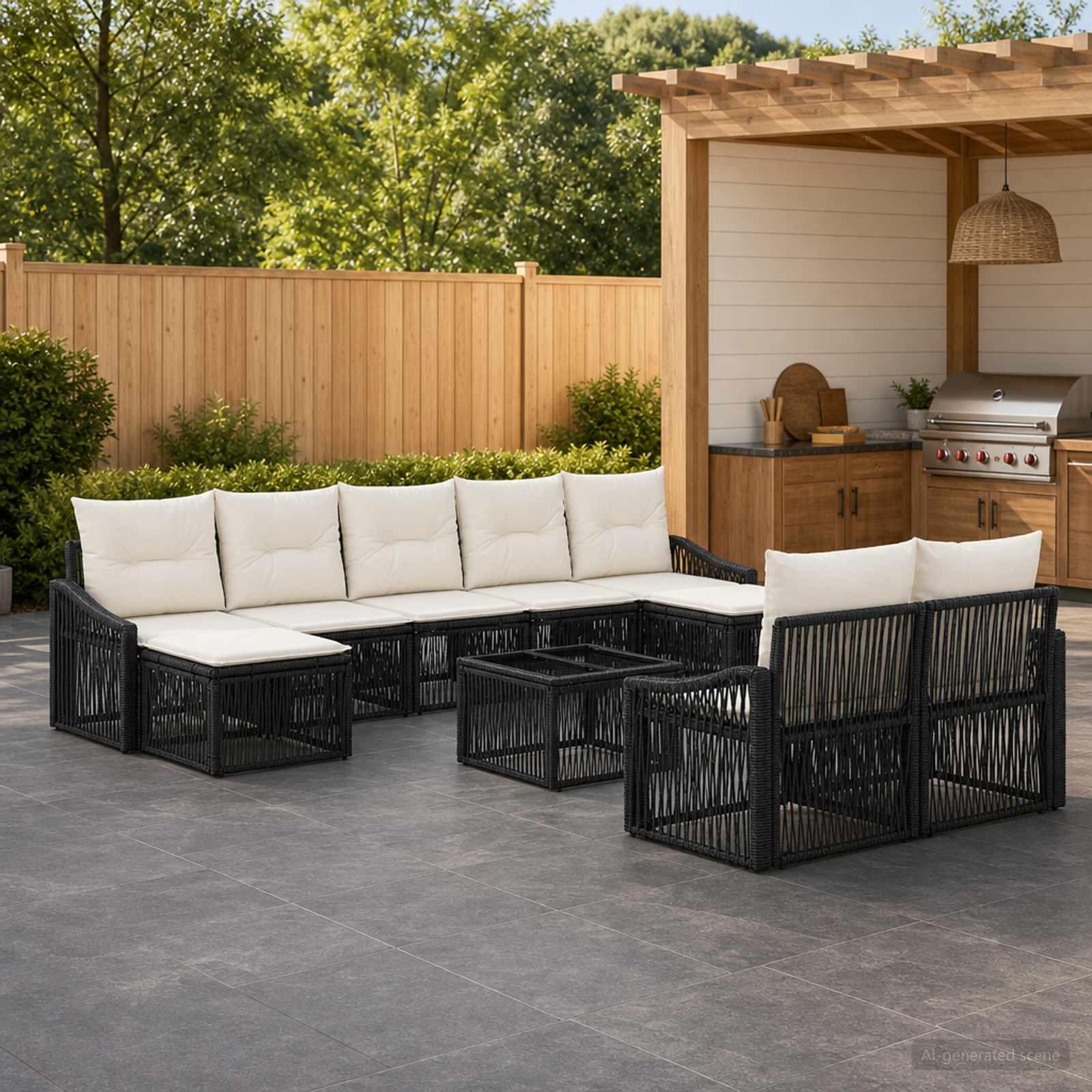 Havesofa sæt 10 stk. i sort polyrattan til terrasse og have