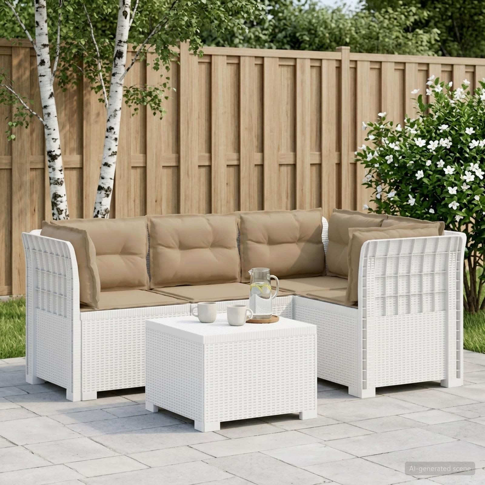 4-personers have sofa med hynder i rattan-look PP hvid
