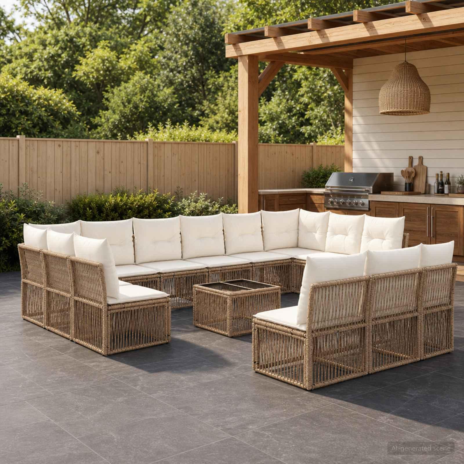 Havesofa sæt 14 stk. i beige polyrattan modulært loungesæt
