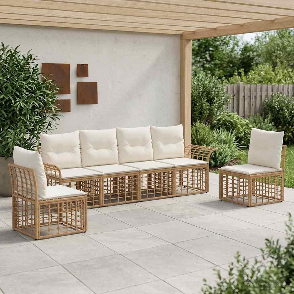 Udendørs sofagruppe 6 stk. i poly rattan - naturlig og cremehvid