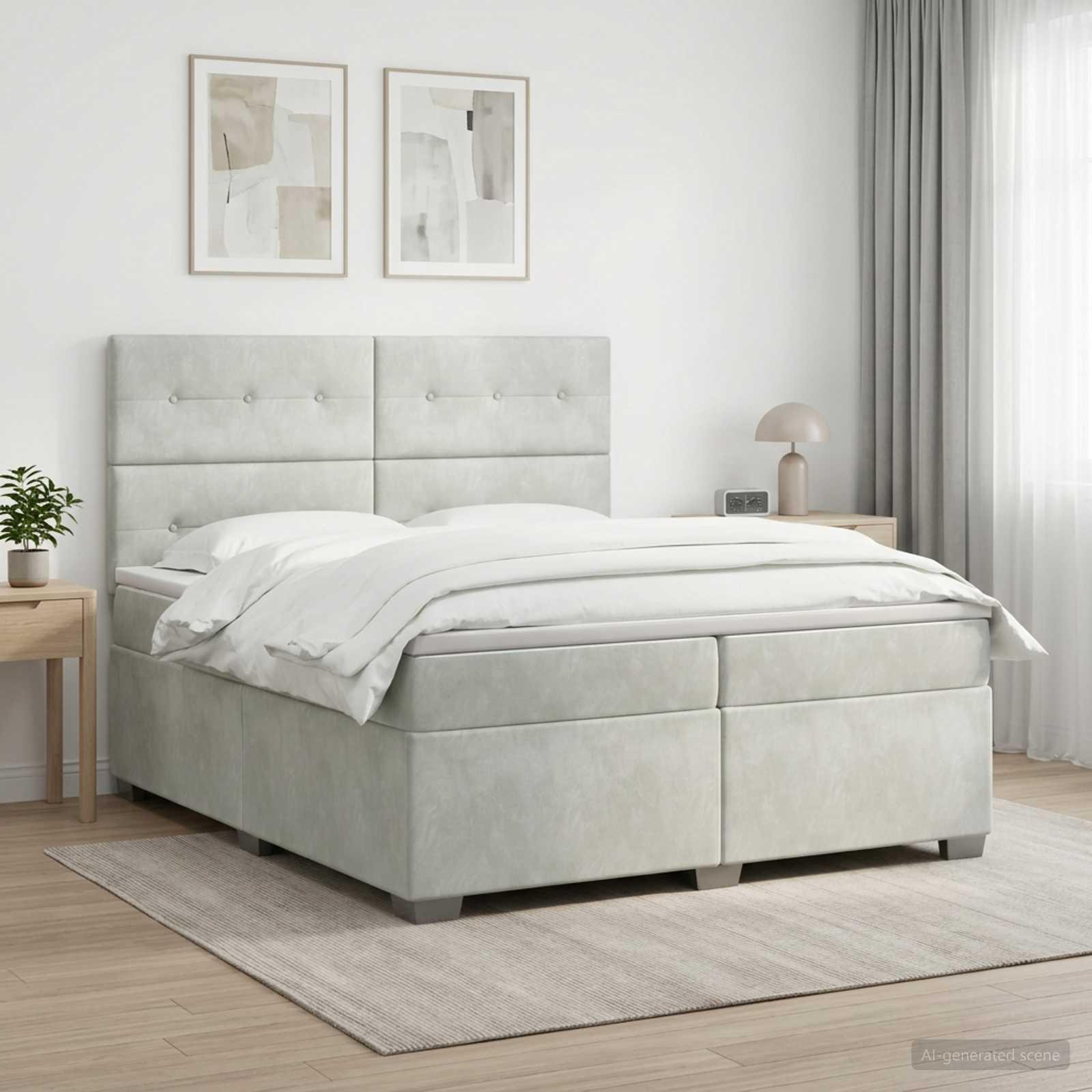 Boksmadras seng med topmadras 200 x 200 cm fløjl lysegrå