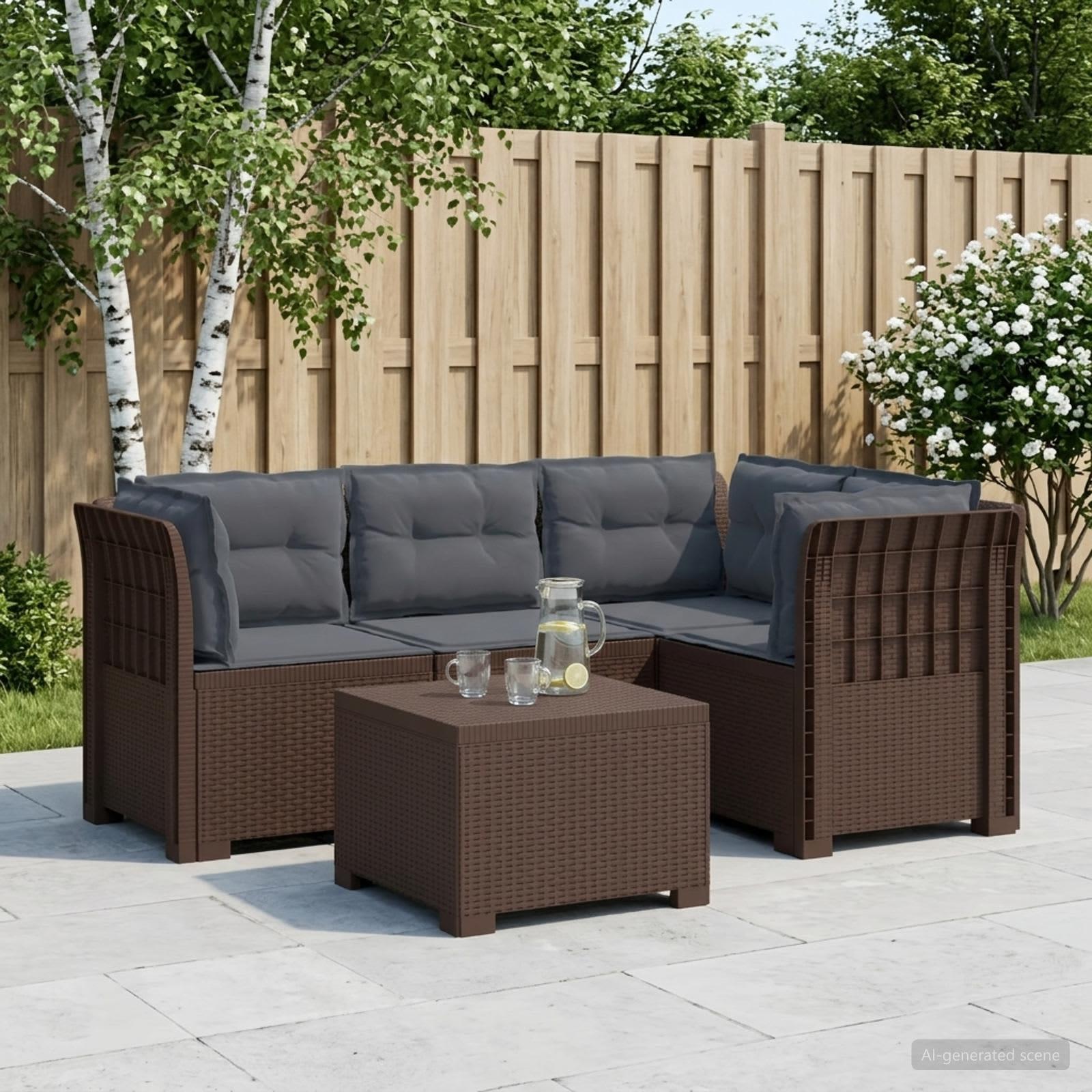 4-personers havesofa loungesæt med hynder i rattan-look PP - brun