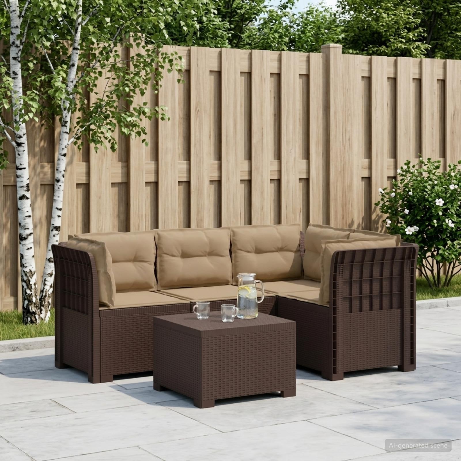 4-personers have sofa loungesæt med hynder i rattan-look PP - brun