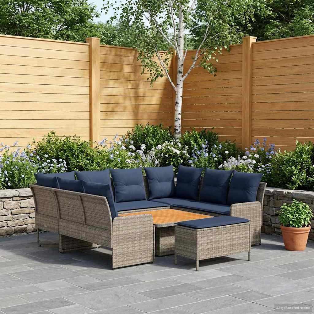 Møbelsæt 7 stk. i grå og marineblå PE-rattan til terrasse og stue