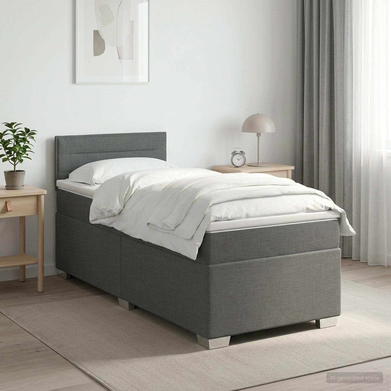 Boxmadras med topmadras og hovedgærde 90 x 190 cm mørkegrå stof