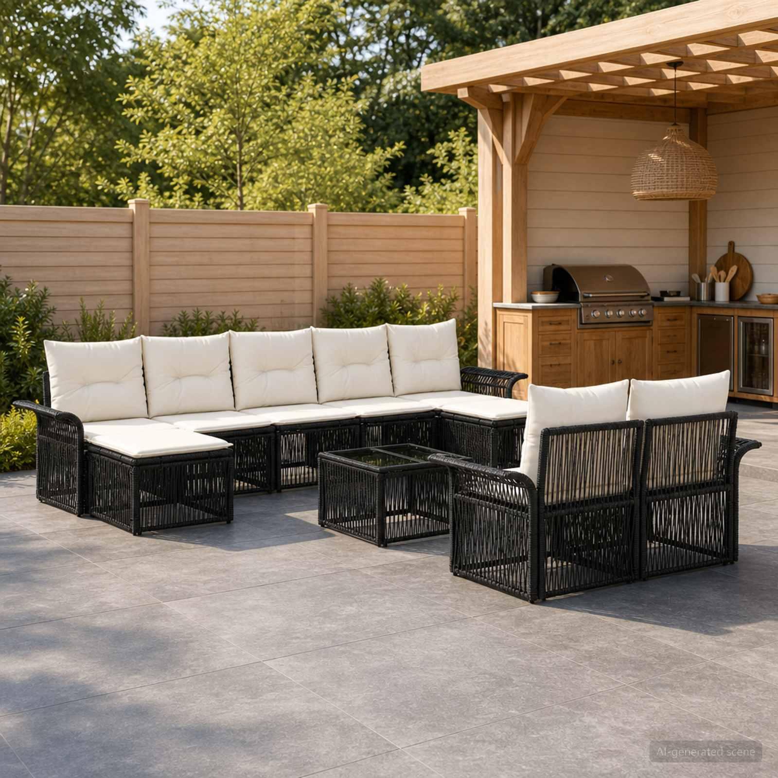Havesofa sæt 10 stk. i sort polyrattan - modulært havemøbelsæt