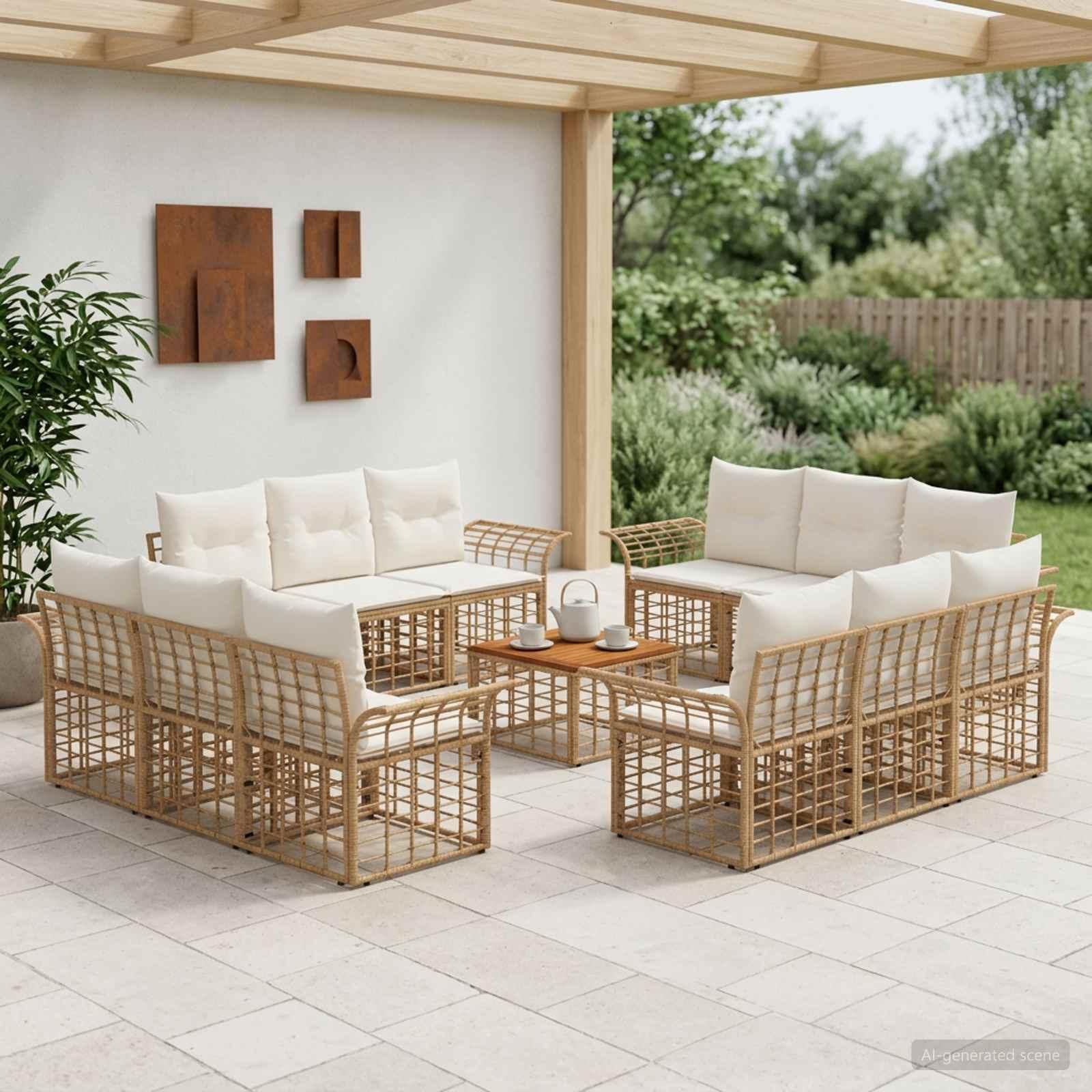 Udendørs sofagruppe 13 stk. i polyrattan - naturlig og cremehvid