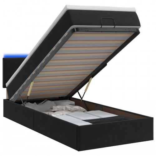 Ottoman seng med madras og LED i sort velour 90 x 190 cm